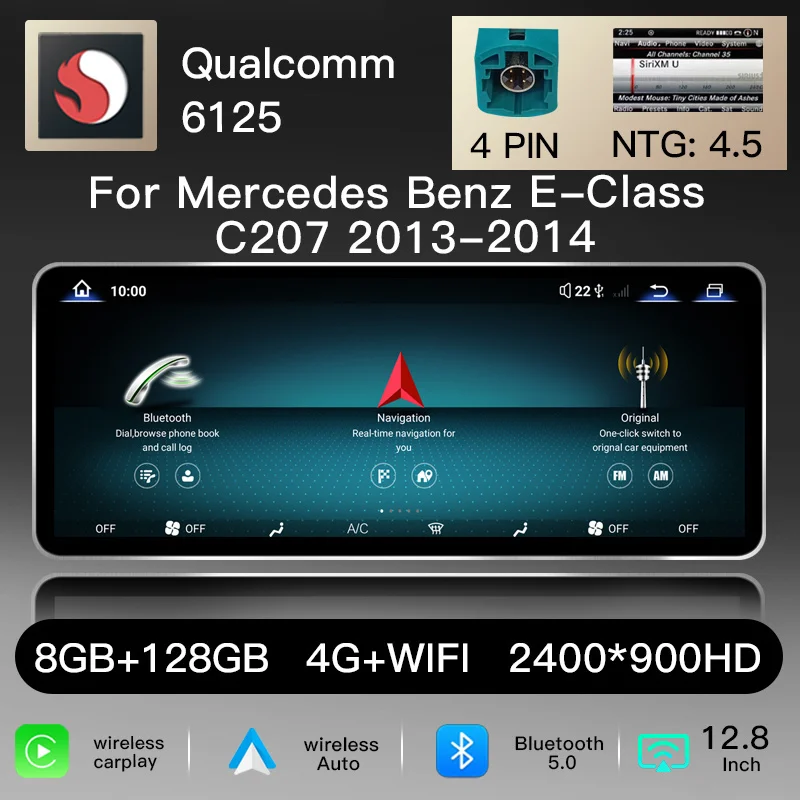 12,8" 2400*900 Snapdragon 6125 Draadloze CarPlay Android 14 Autoradio voor Mercedes Benz E-Klasse C207 W207 A207 NTG 4.0 4.5 5.0 2-deurs Multimedia GPS Navigatie Head Unit Stereo WiFi 4G Audio