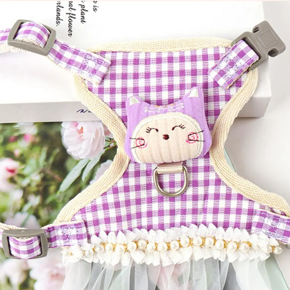 Cat Harness Plaid Pattern Anti-escape Lace Cats Dogs Chest Strap Faux Pearls Decor Dog Traction Leash Kit For Outdoor