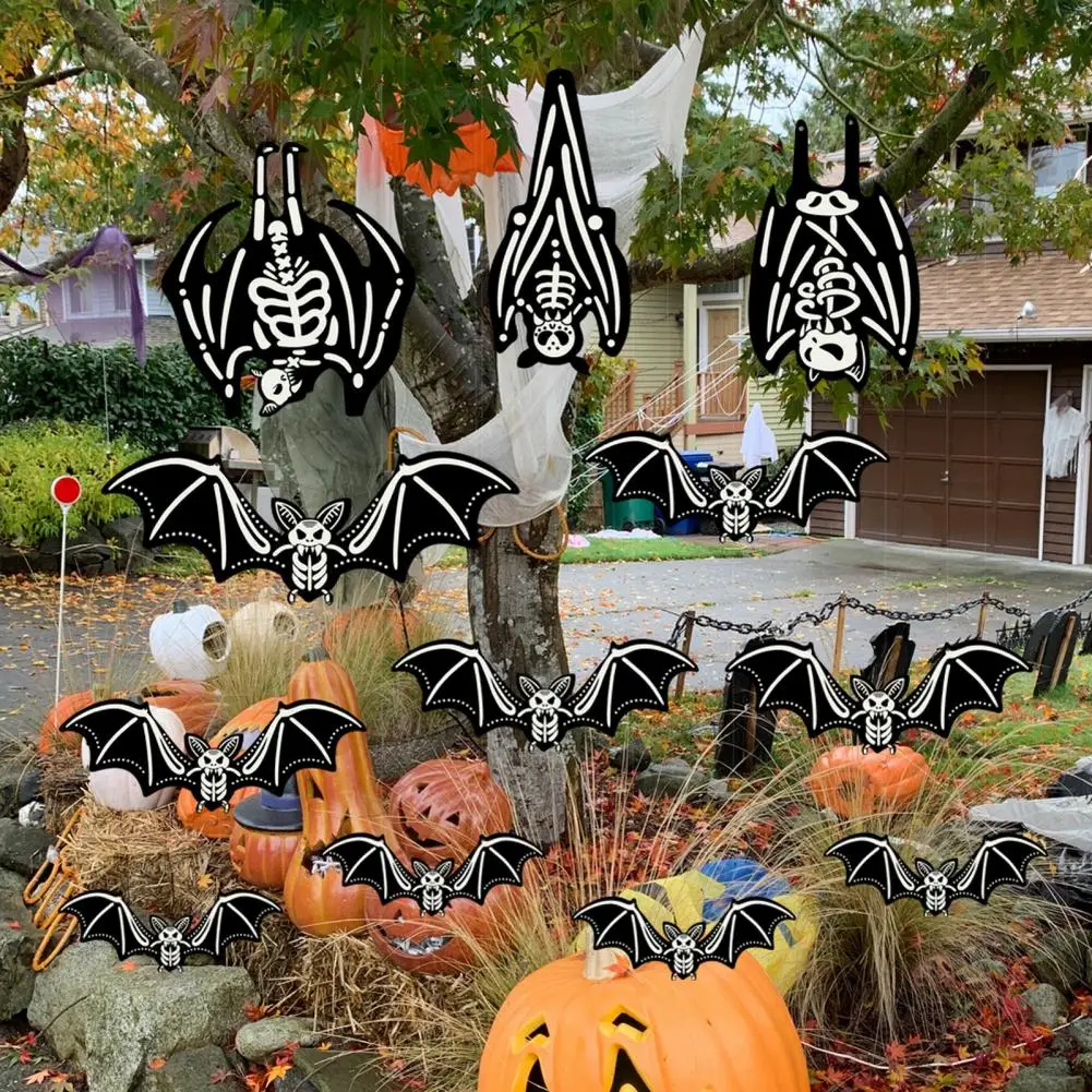 Pegatinas colgantes preperforadas que brillan en la oscuridad, esqueleto de murciélago de Halloween, 12 piezas, pegatinas de pared falsas de murciélago negro para interiores