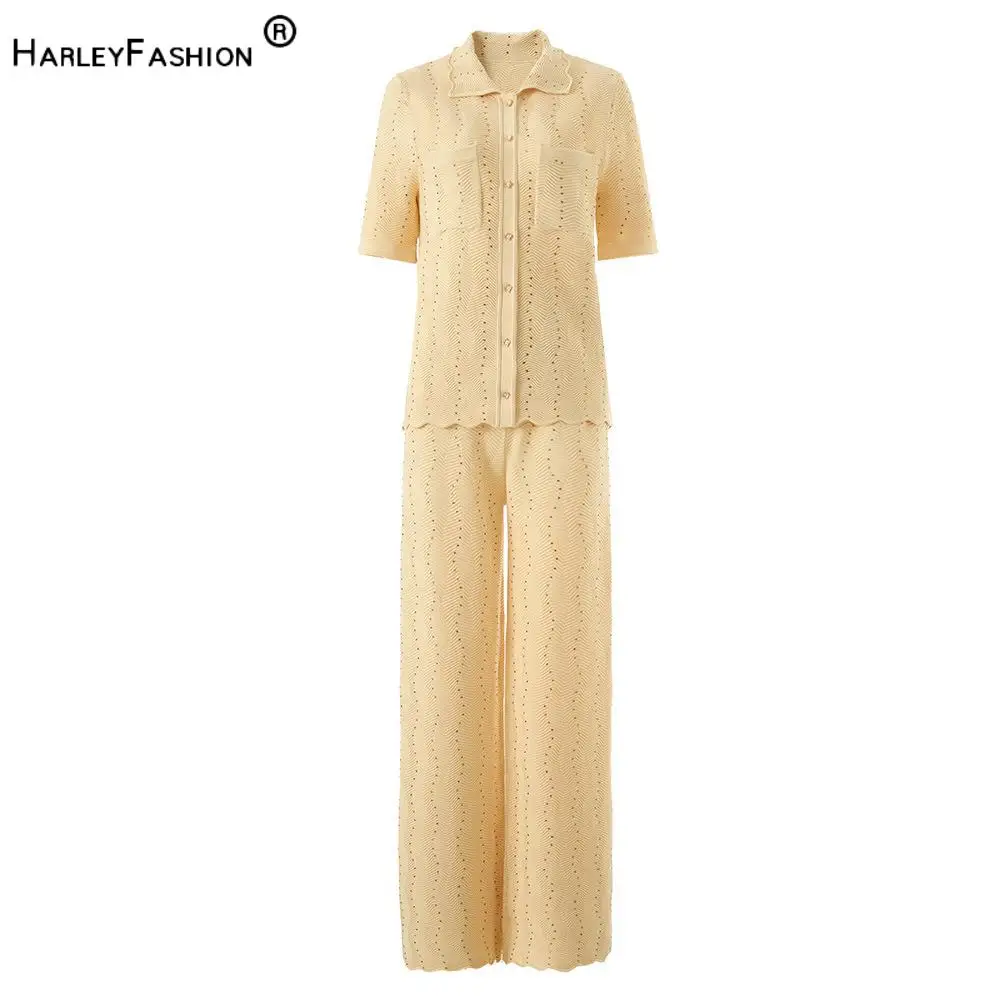 

2026 Summer Lady French Style Solid Casual Suit Hotfix Turn-down Collar Short Sleeve Cardigan Wide Legs Pants Women Knits 2pcs