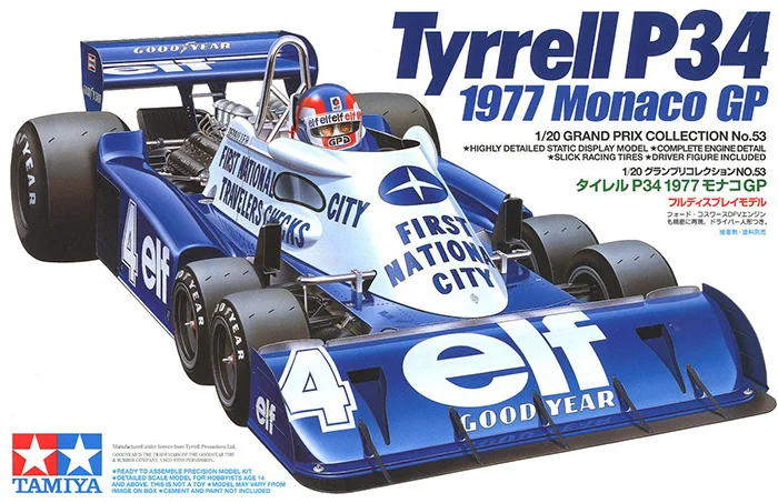 

1/20 F1 Сборная модель автомобиля tyrella P34 1977 GP Монако, праздничный подарок для детей, коллекционный автомобиль для мальчиков, декор комнаты.