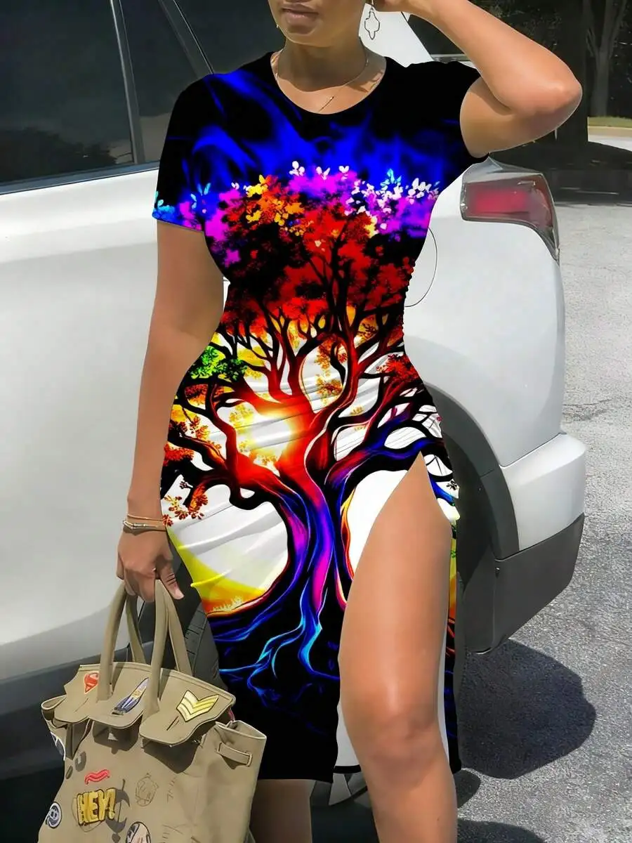 

3D Print Womens Midi Slim Fit Slit Dress Colorful Tree Rainbow Leaves