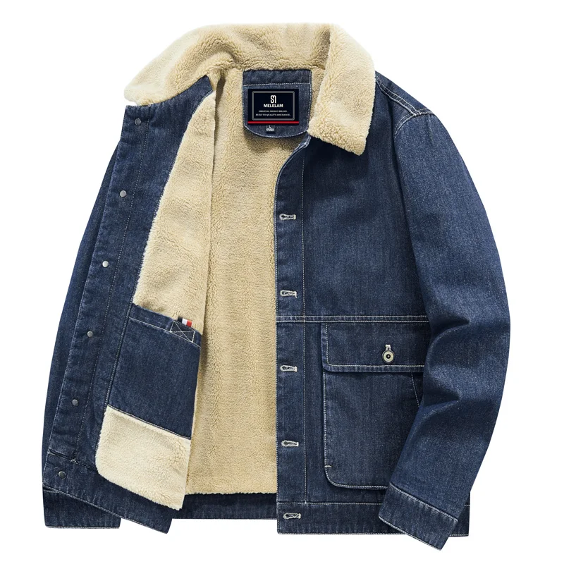 

Autumn Winter Thiened Fce Lined Cotton Jaet Men's Warm Coat Large Size Denim Sle with Fur Collar Casual Cleanfit Sle