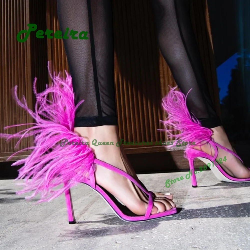 Pink Feather Slingback Sandals Square Toe Stiletto Heels Suede Solid Women's Sandals 2023 New Summer Party Wedding Shoes Elegant