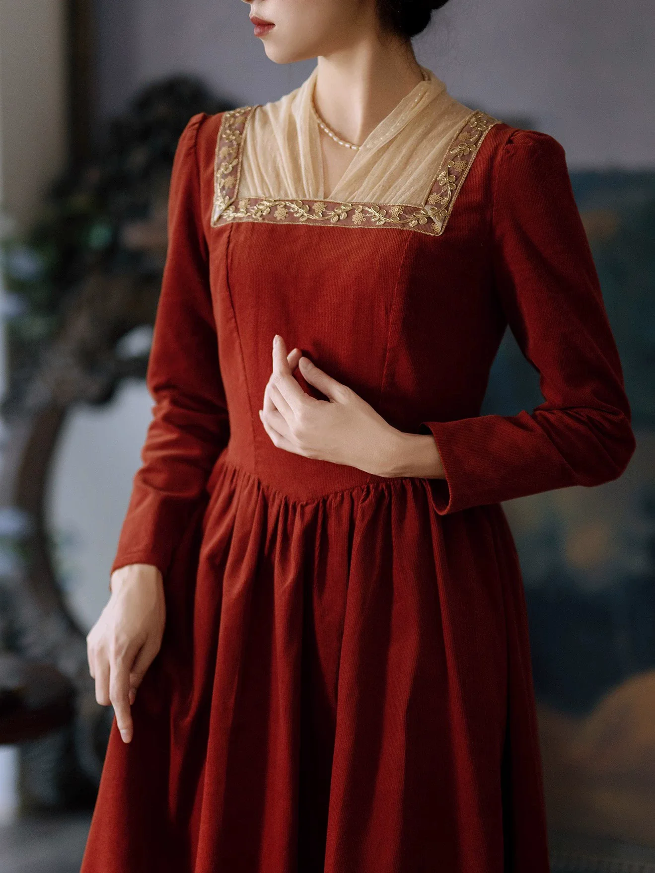 84-96cm Bust Spring Autumn Women Romantic Vintage Square Style Embroidered Patchwork Red Corduroy Cotton Dresses