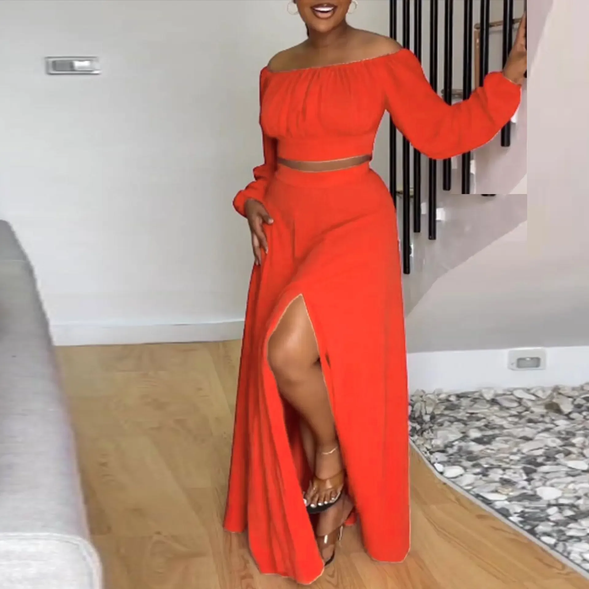 

Two Piece Sets Women Skirt Set Off Shoulder Lantern Sleeve Tops Long Skirts High Waist Casual Y2k Streetwear Elegant Dress Sets