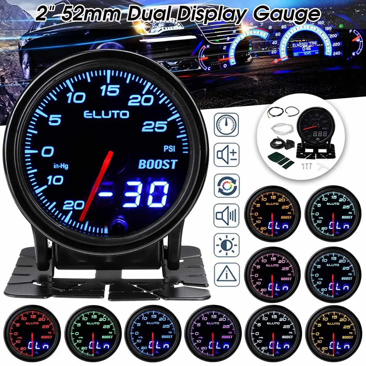 

2'' 52mm Car Meter Turbo Boost PSI/BAR Water Temp Oil Press Oil Temp Tachometer Voltage Exhaust Gas Temperature Gauge 12V