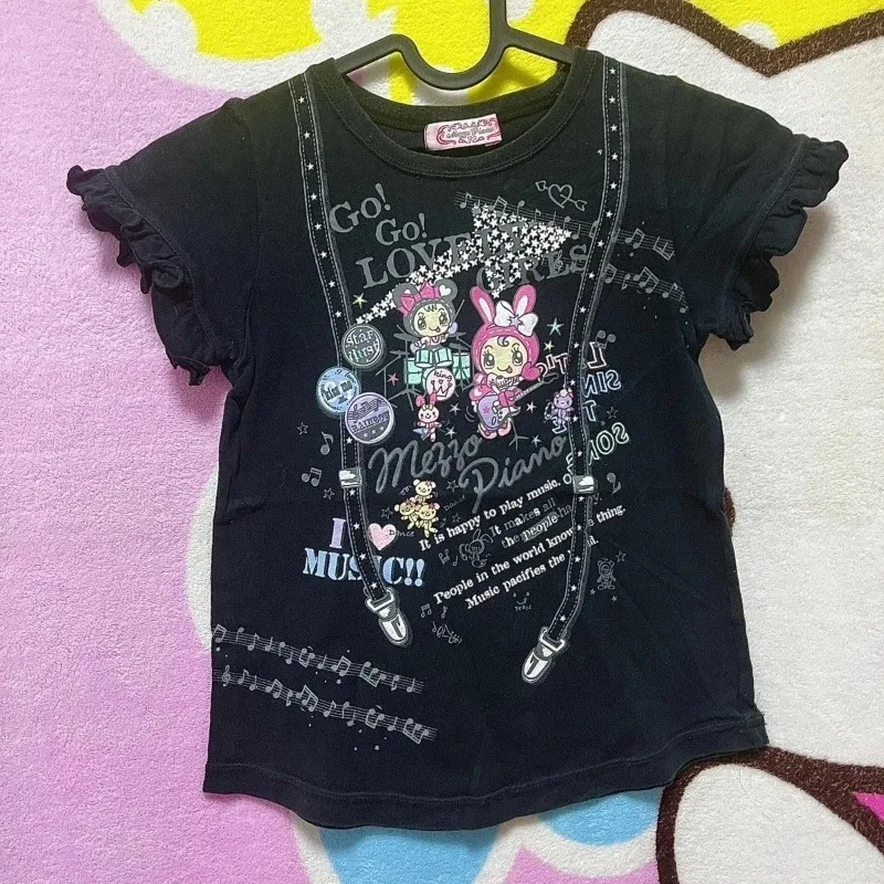 

HOUZHOU Y2k Black Juminocore T-Shirts Women Kawaii Harajuku Short Sleeve Ruffles Japanese Fashion Tees Slim Cutecore Casual