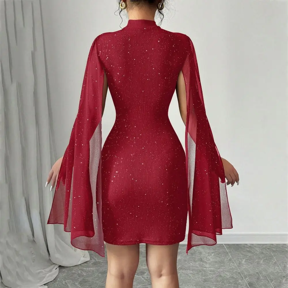 Sweet Sparkling Chiffon Cape Red Dress A-line Half Neck Women Glitter Party Dress Hollow Out Skirt Slim Evening Dress Party