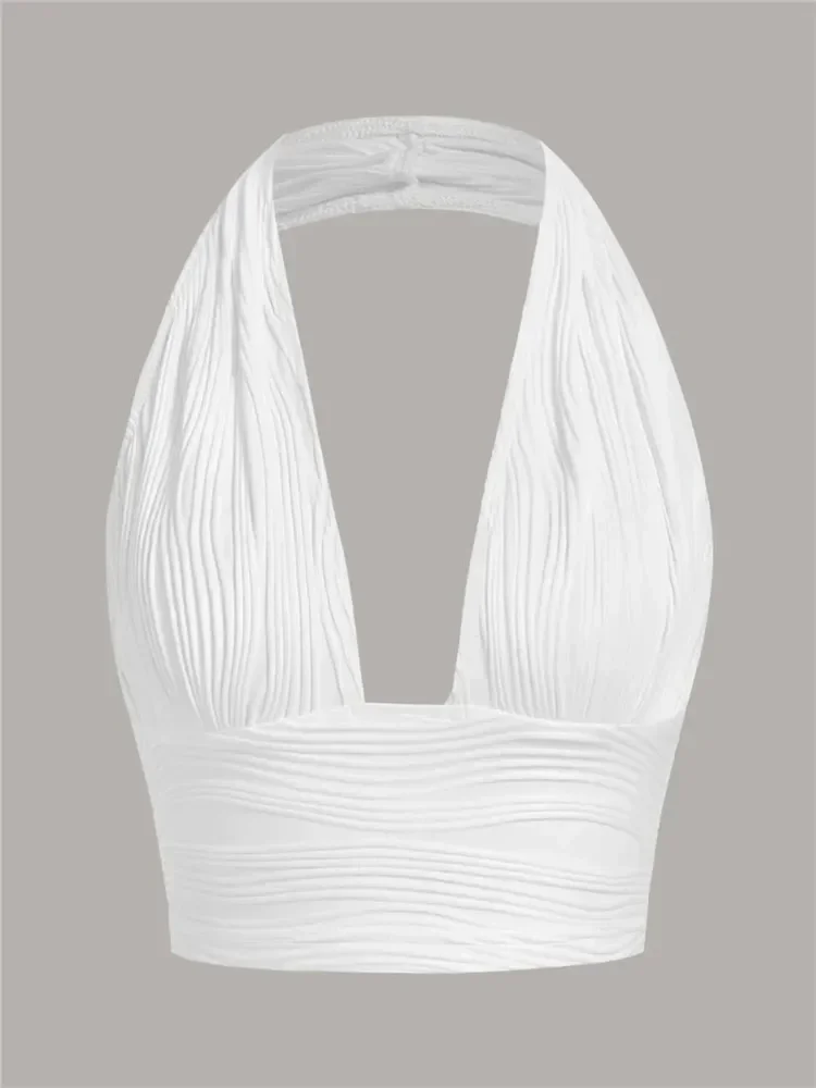 

Solid White Backless Crop Halter Top Women Summer Y2K Club Grunge Clothes Deep V-neck Backless Sleeveless Tank Top Streetwear