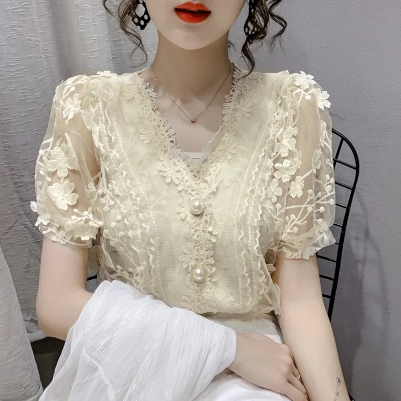 Vintage Lace Blouses Womens 2024 Summer Fashion Elegant White Blusas Mujer Casual V Neck See Through Sexy Puff Sleeve Y2k Tops