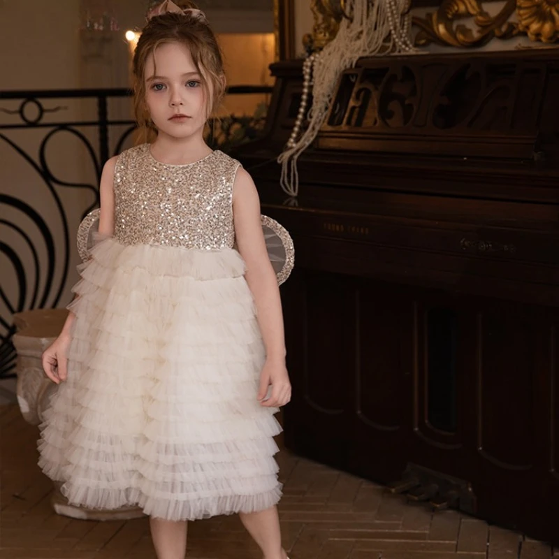 New Kids Tulle Birthday Party Princess Gown Cute Children Girls Champagne Gown Costume Dress Summer Wings Baby First Birthday
