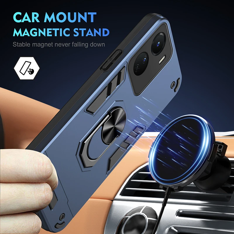 Luxury Armor Shockproof Case For VIVO Y16 Y22 Y22S Y33S Y35 Y56 Y200 S16 Pro S16E T1X Soft Bumper Car Magnetic Ring Phone Cover