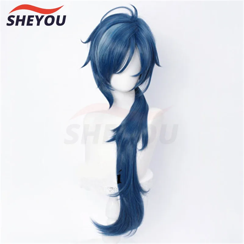 Game Impact Kaeya Cosplay Men 80cm Long Ink-Blue Wig Cosplay Anime Cosplay Wigs Heat Resistant Synthetic Wigs + Wig Cap