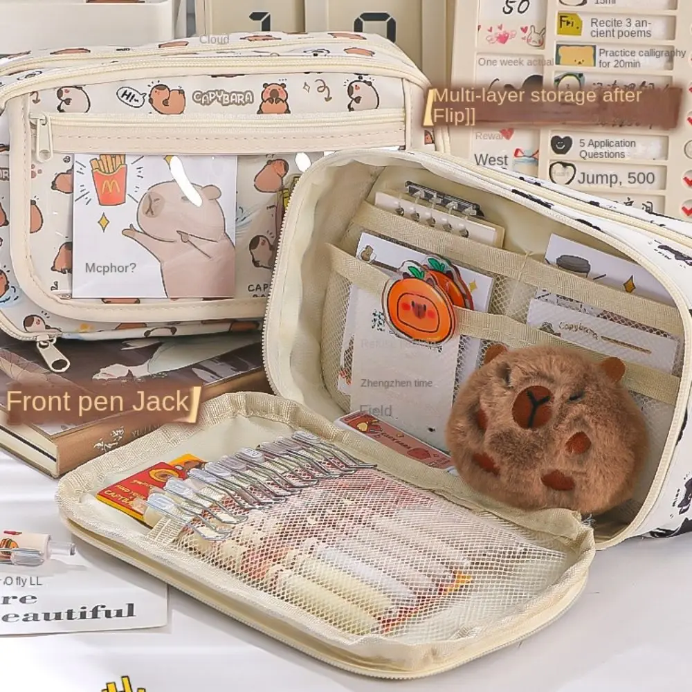 カピバラ-多層文房具バッグ,大容量透明ポケット,ペンシルバッグ,フラップカバー,黒猫漫画ペンポーチ
