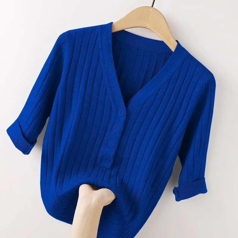 Women Sweater V-neck Short-Sleeved Worsted Europe Style Spring New Design Grace Simplicity Light Pullover Mujer Korean Fashion