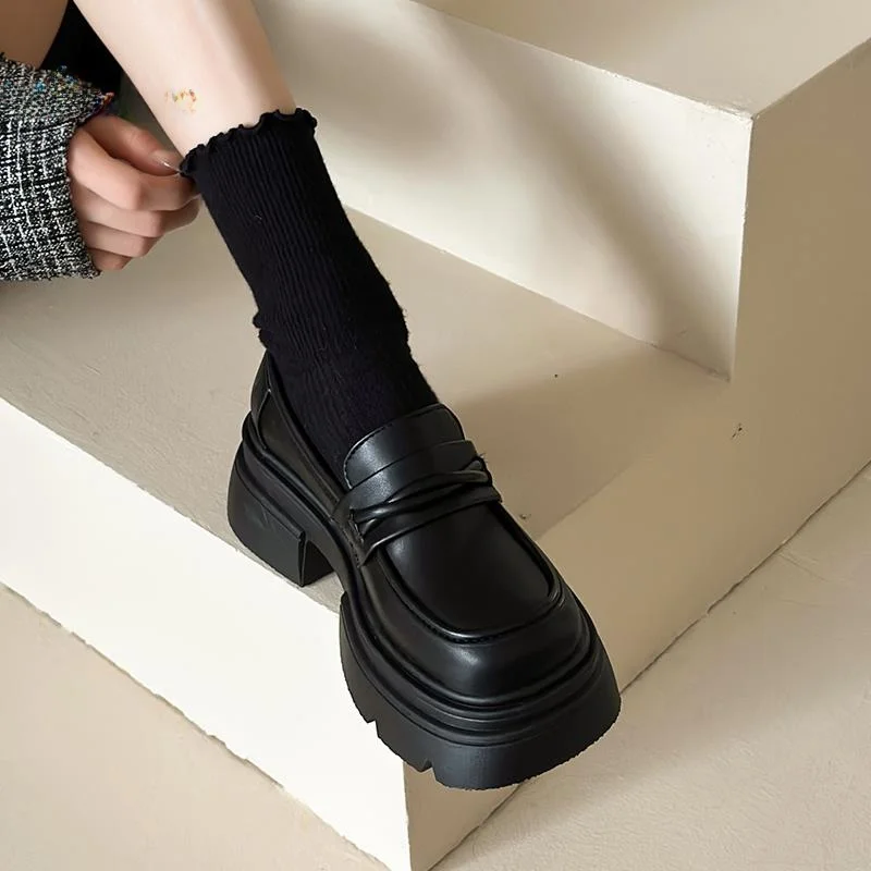 

Black Leather Flats Women's Shoes Thick Bottom Heightening British Style Small Leather Shoes Anti-slip Single Shoes