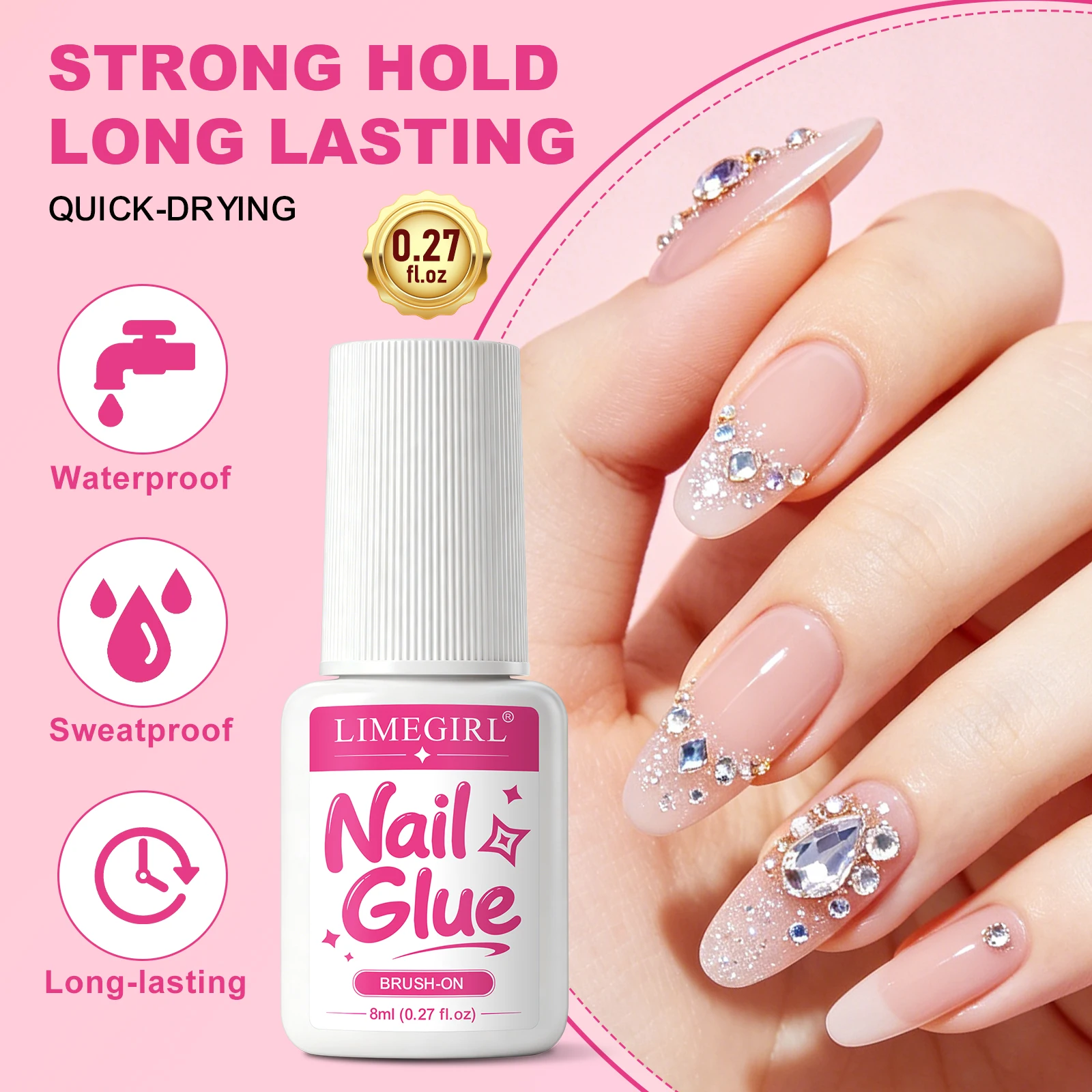 LIMEGIRL Quick Drying Nail Glue Professional Broken Nail Repair Brush-on Nails Adhesive No Need Nail Lamp Acrylic Tips Bond Glue