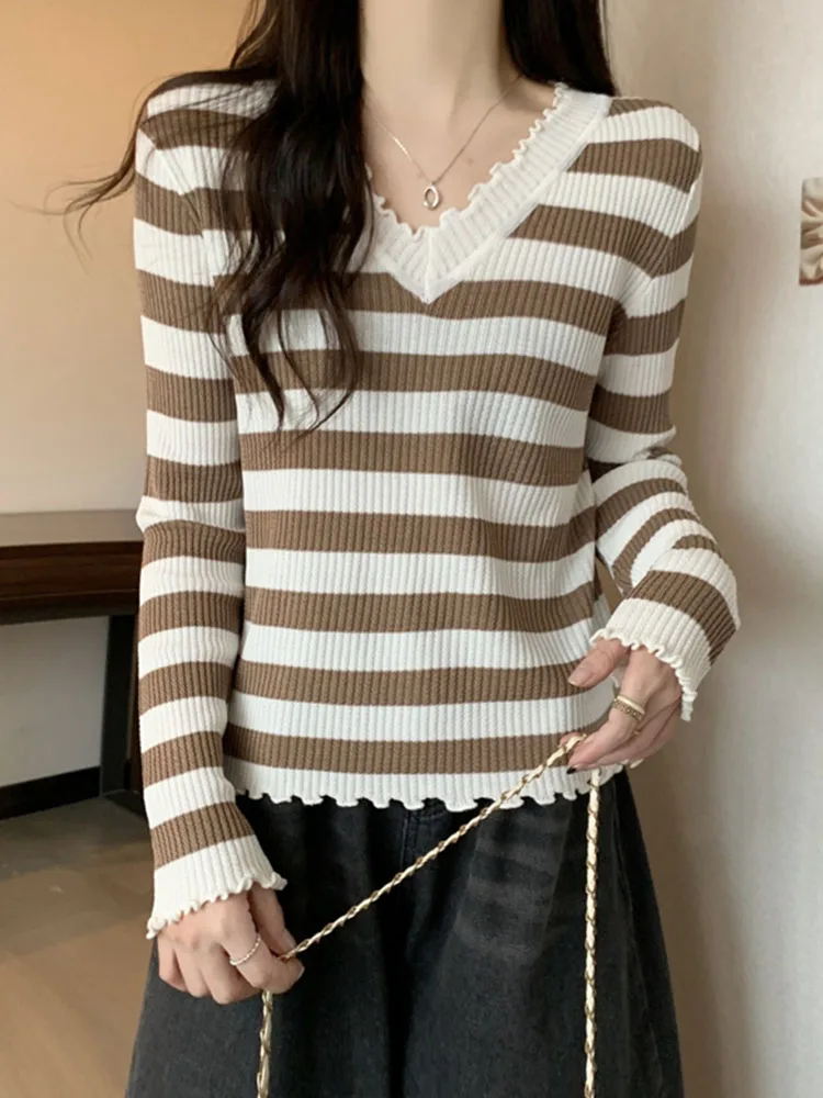 Women Striped Knitted Sweater Spring Autumn Fungus Edge V-neck Long Sleeved Top Korean Large Size Loose Versatile Basic Shirt