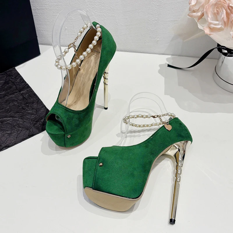 Liyke Sexy Peep Toe Wedding Banquet Green High Heels Strip Pole Dance Shoes Fashion String Bead Ankle Strap Platform Pumps Women