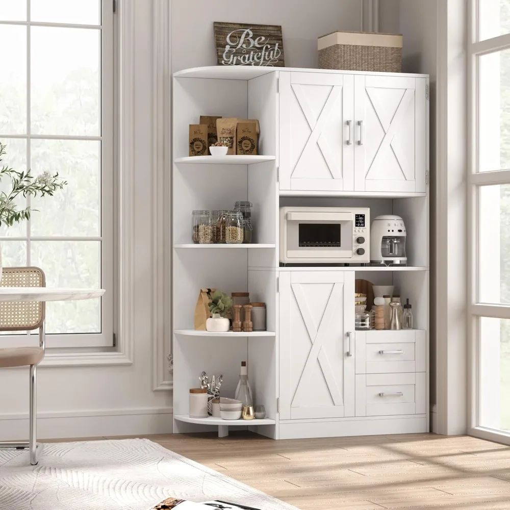 Farmhouse Kitchen Pantry Storage Cabinet, Hutch Autoportante com Portas e Prateleiras, Buffet Aparador com Micro-ondas, 60,4"