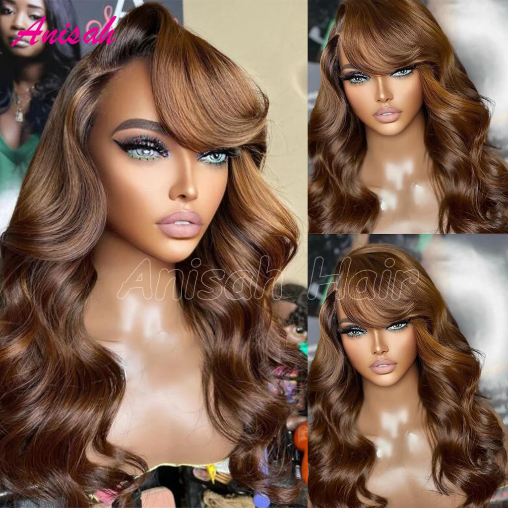 

Highlight Ombre Lace Frontal Wig with Bangs Wavy Remy Human Hair Wigs For Women Colored 13x4 Transparent Lace Front Wig