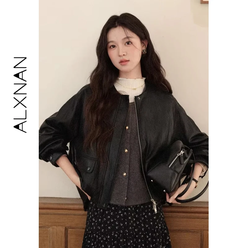 

ALXNAN Black Leather Jacket Autumn Round Neck Zipper Pockets Short Jackets Loose Outdoor Commuter Versatile Outerwear L58058