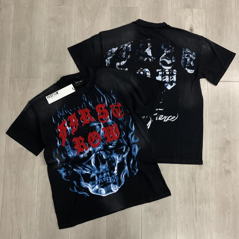 

High Street Hip-hop FIRST ROW T-shirt Real Pictures Vintage Washed Do Old Hot Drill First Row Short Sleeve Tee