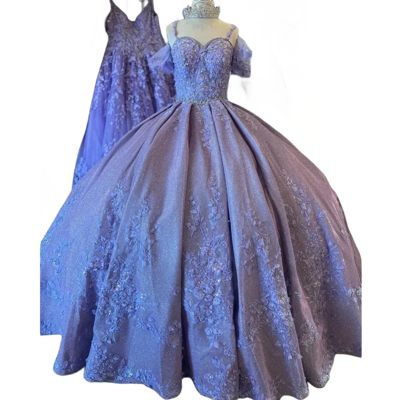 Luxe Lila Lavendel Prinses Quinceanera Jurken Kanten Appliques Crystal Vestidos De 15 Años Prom Party Jurk Meisje Avondkleding