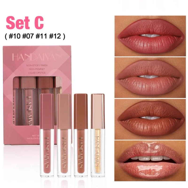 Aksamitny błyszczyk do ust Wodoodporny tint do ust Zestaw 4 sztuk Długotrwały Łatwy w aplikacji Nieklejący się Makijaż Zestaw błyszczyków do ust Płynny zestaw szminek