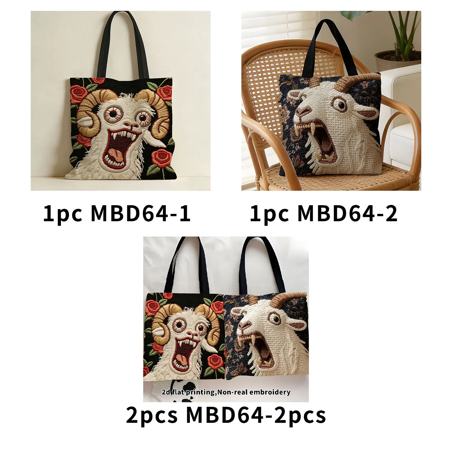 1/2pcs  2d flat printing Embroidered Goat Tote Bag, Textured Animal Print Reusable Shopping Bag, Gothic Horror Style Spacious Sh