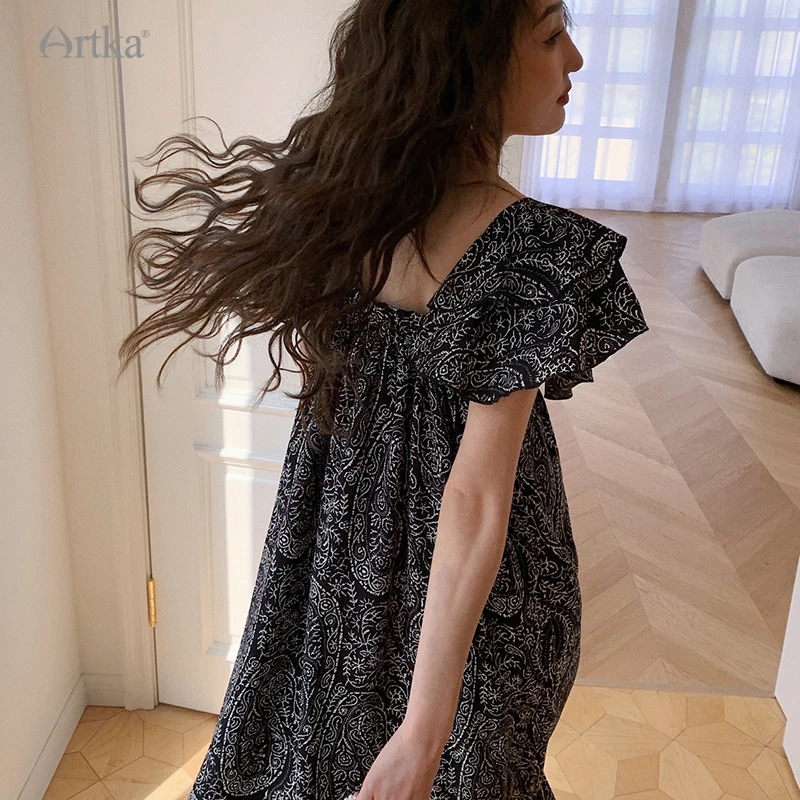 ARTKA 2023 Summer New Women Dress Elegant Ruffles V-Neck Short Sleeve Dresses Loose Long A-Line Chiffon Dress Female 22LA024X