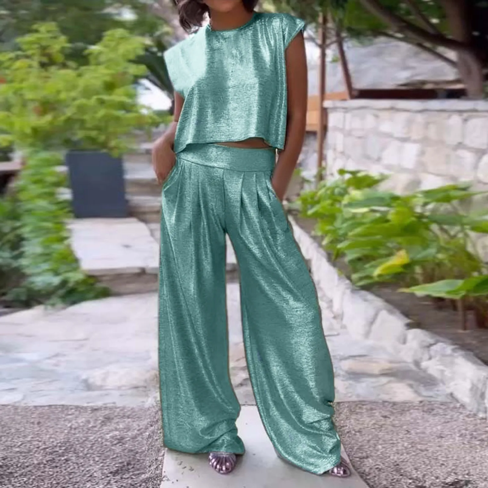 Women Fashion High Waist Loose Straight Trousers Summer Pocket Wide Leg Pant Harajuku Spring Vintage Metallic Color Casual Pants