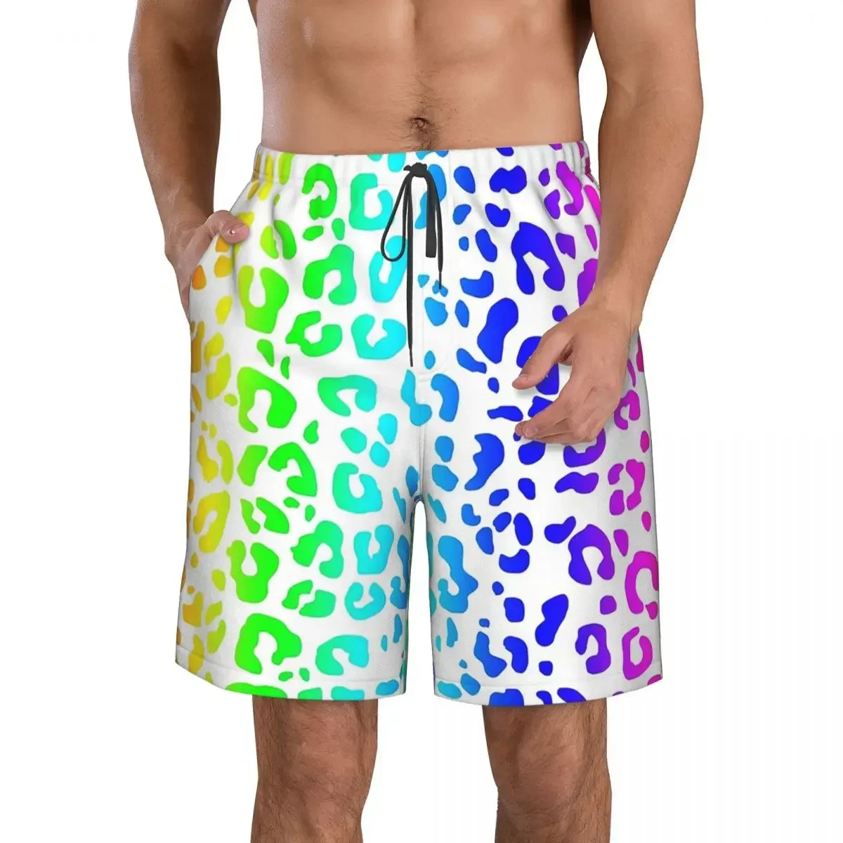Rainbow And White Spots Leopard Print Trunks Beach Board Shorts Casual Quick Dry Swimming Summer Men Pants