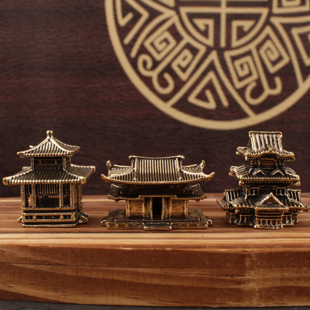 Micro paisaje de latón, paseo antiguo, pabellón, bonsái, decoración de pecera, arquitectura antigua china, modelo en miniatura