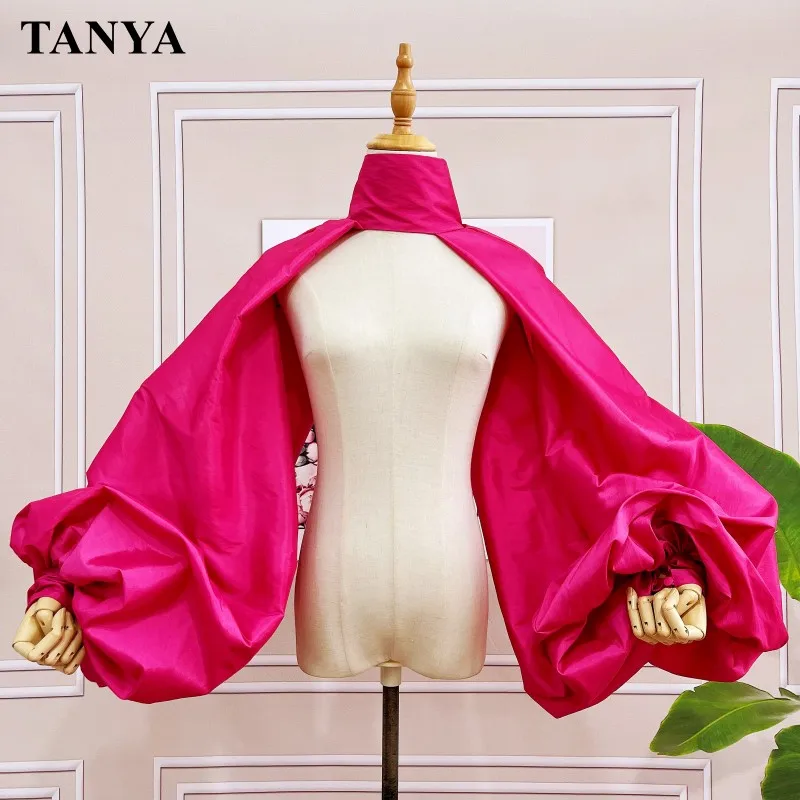 

Fuchsia Taffeta Detachable Puffy Sleeves Jacket For Wedding Fashionable Evening Dress Wrap Bolero High Collar Lady Shawl