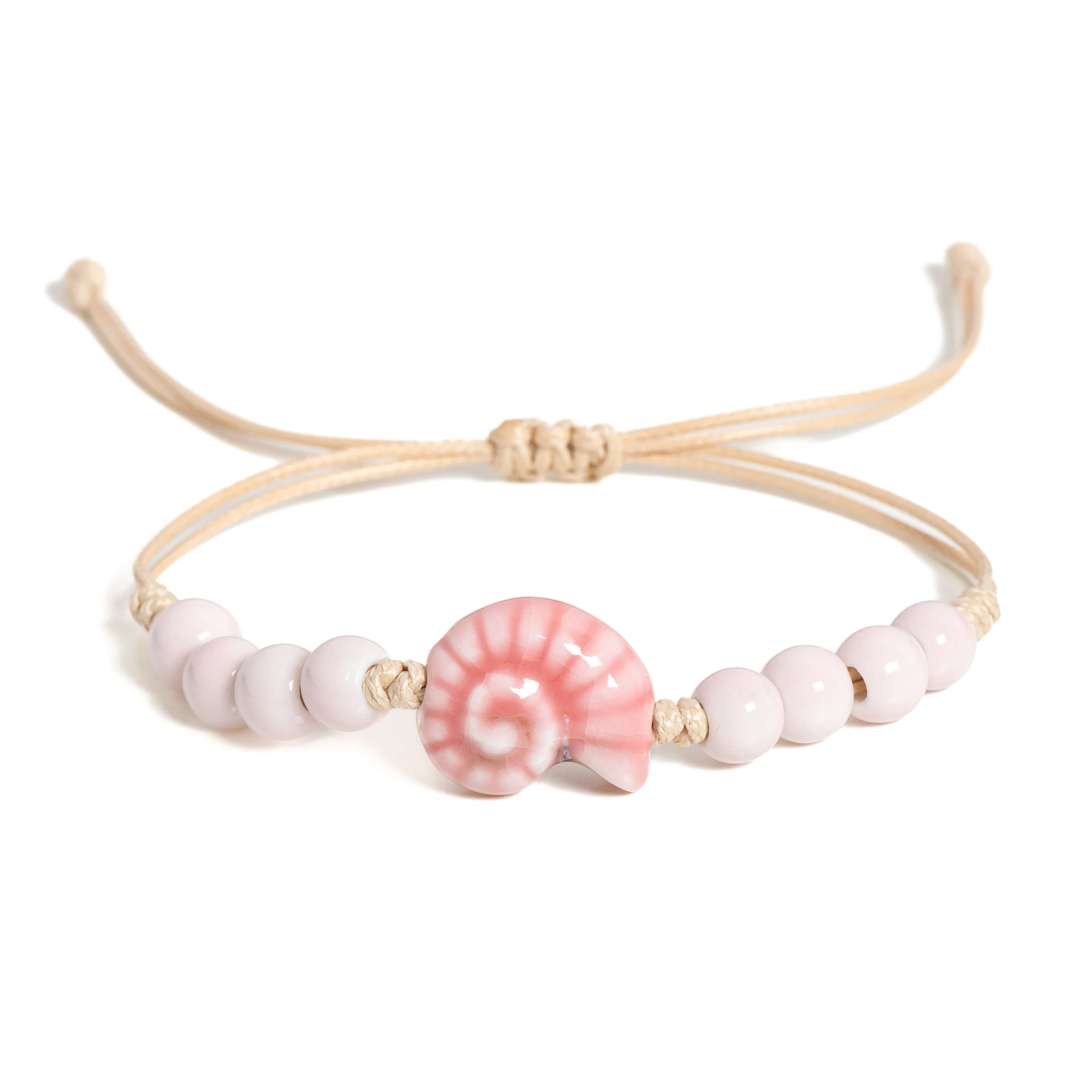 Pulseira de cerâmica de concha de caracol rosa feita à mão joias boho ajustáveis para mulheres e homens parceiro geschenke – S02-006