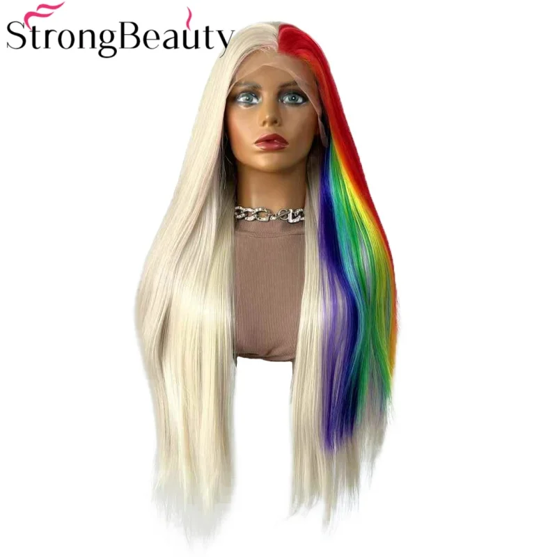 

StrongBeauty Длинные прямые 13x3 кружевные передние синтетические радужные парики Женский парик Термостойкие волосы