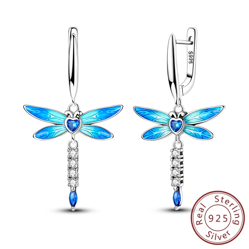 

New 925 Sterling Silver Shining Blue Dragonfly Zircon Tassel Earrings Square Earrings For Woman Birthday Jewelry Anniversary Gif