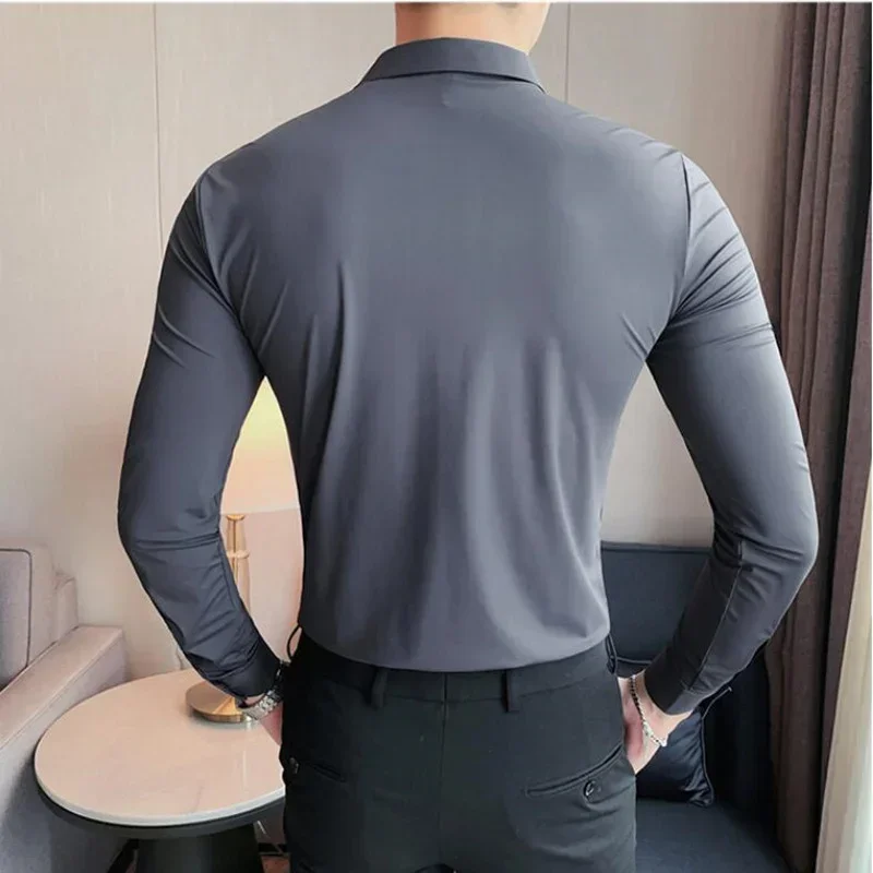 

High Elasticity Seamless Shirts Men Long Sleeve Top Quality Casual Luxury Slim Shirt Social Formal Button Dress Shirts For Man