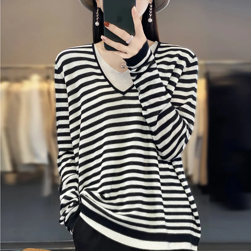 

Women's V-neck Pullover Long Sleeve Jumper 100% Merino Wool Thin Style Comfortable And Casual Fashion Elegant Soft New Knitwears