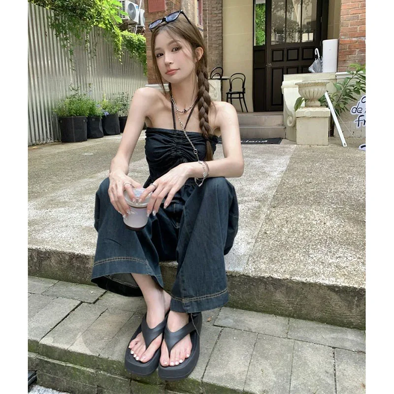 New Temperament Denim Suit Strapless Neck Tube Top Women\'s Spring Summer Loose Wide Legs Long Pants Comfortable Two-Piece Suit