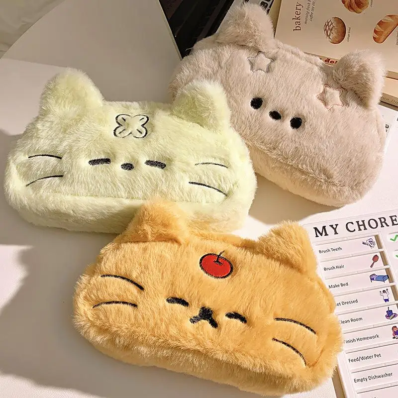 Lustiges Katzen-Cartoon-Mäppchen, süße, geräumige, flauschige Kawaii-Aufbewahrungstasche für Schreibwaren – Detail 2