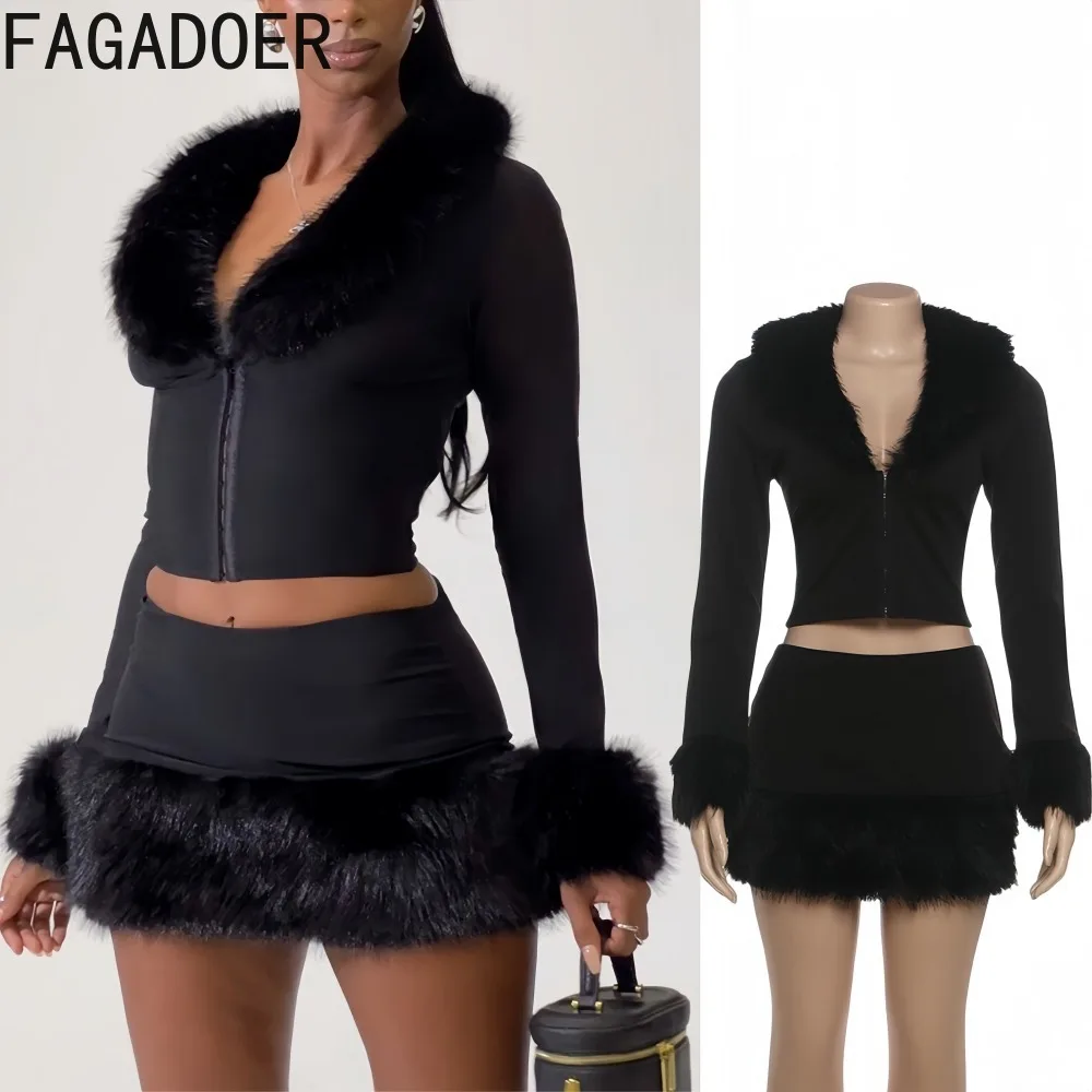 

FAGADOER Sexy Fur Patchwork 2 Piece Sets Woman Outfit Solid Deep V-neck Long Sleeves Crop Top + Skirt Matching Female Streetwear