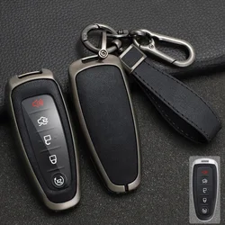 Zinc Alloy + Leather Car Key Case Cover for Ford Edge Explorer Escape Focus Taurus Flex Lincoln Navigator 5 Buttons Remote Key