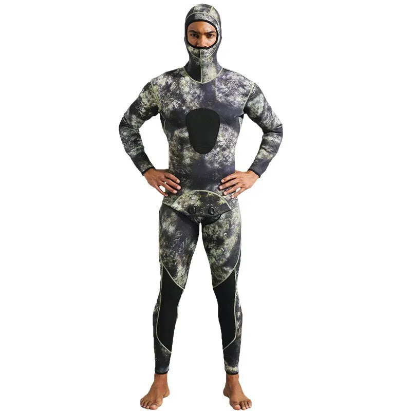 Neoprenanzug, 3 mm, Camouflage, langärmelig, mit Kapuze, 2-teilig, aus Neopren, zum Tauchen, für Herren, hält warm, Tauchanzug, Badebekleidung – Detail 9