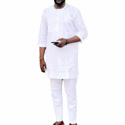 African Traditional Style White Men's Tops With Pant Nigerian Fashion 3/4 Sleeves Groom Sets Male Party Suit