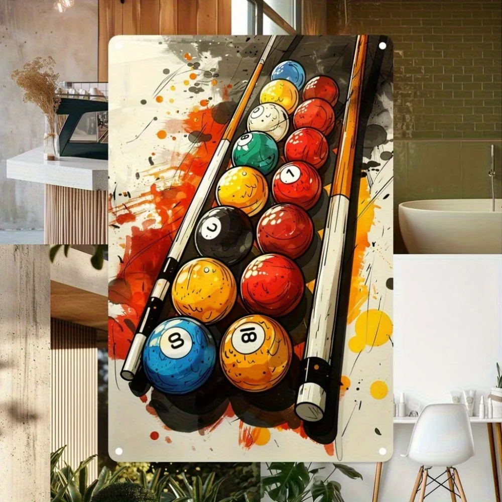 Vintage Pool Table Metal Sign | 12x8 Inch Iron Wall Art with Billiard Balls for Game Room & Classroom Decor