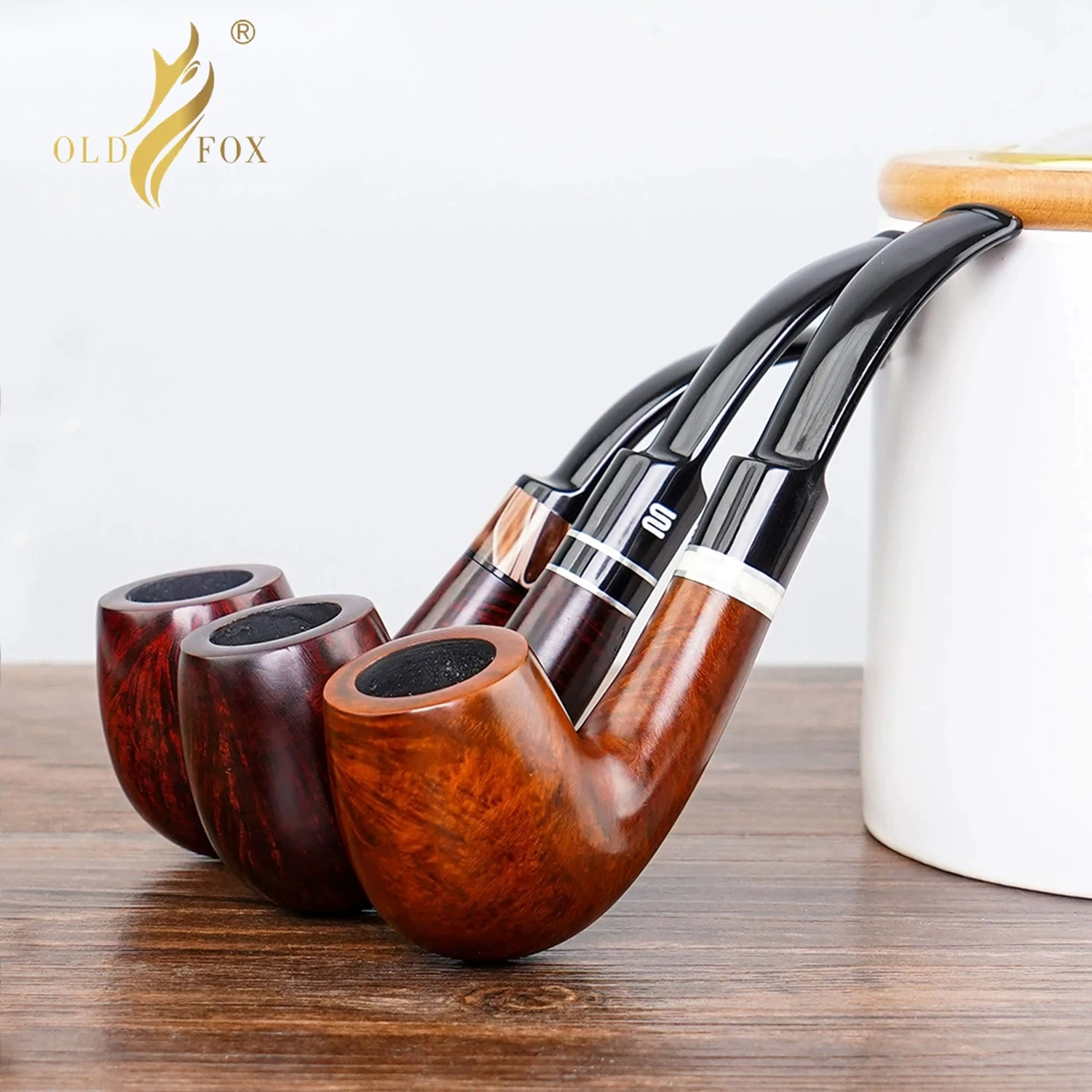 OLDFOX pipa de tabaco briar mango curvo clásico billar pipa de estilo británico pipa para fumar con caja de regalo de limpieza conjunto de filtro de 9mm