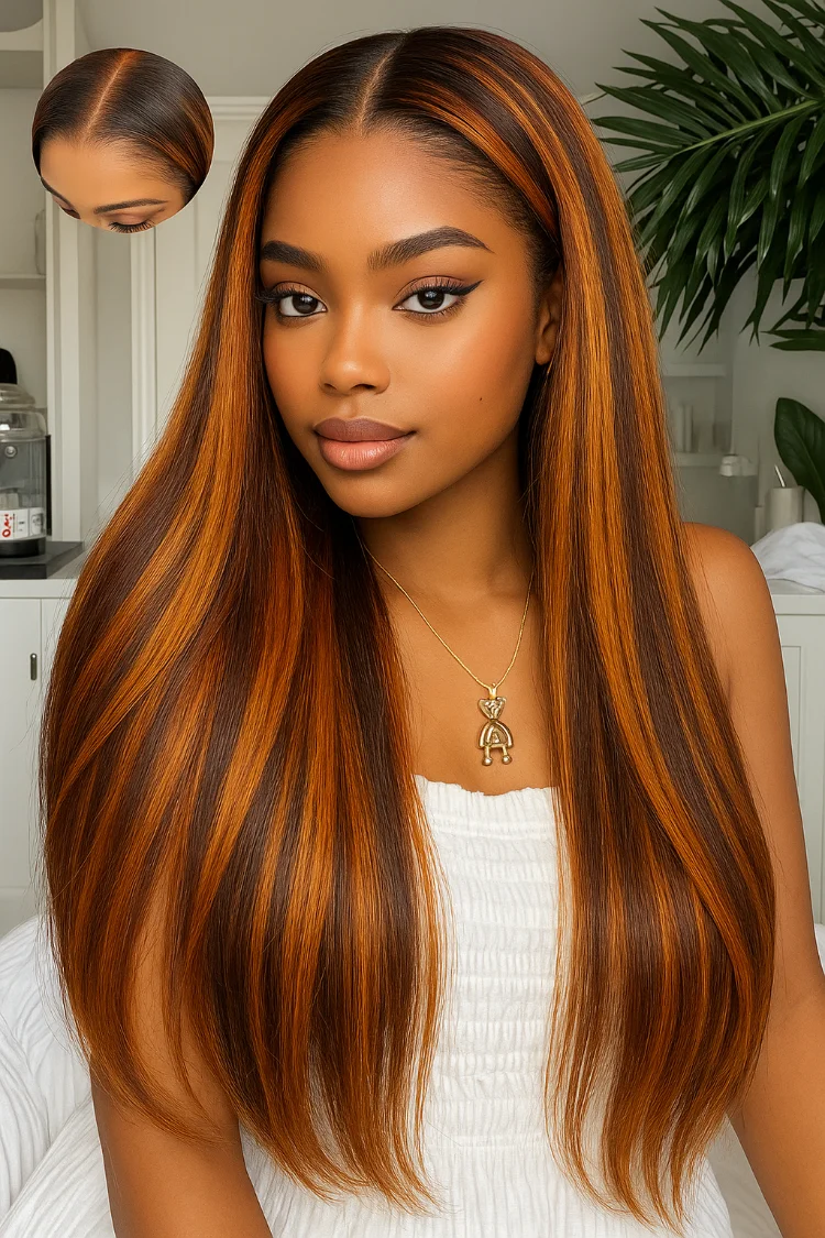 Wig Rambut Asli 5x5 Front Lace Omber Ginger Brown Tanpa Lem, Kepadatan 200, Bone Straight, Wig Closure Berwarna, Sudah Pre Plucked
